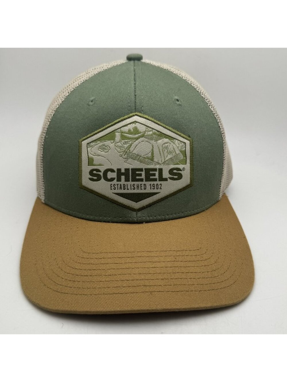 SCHEELS Established 1902 Trucker Hat Men's One Size Green Tan Mesh Snapback Cap